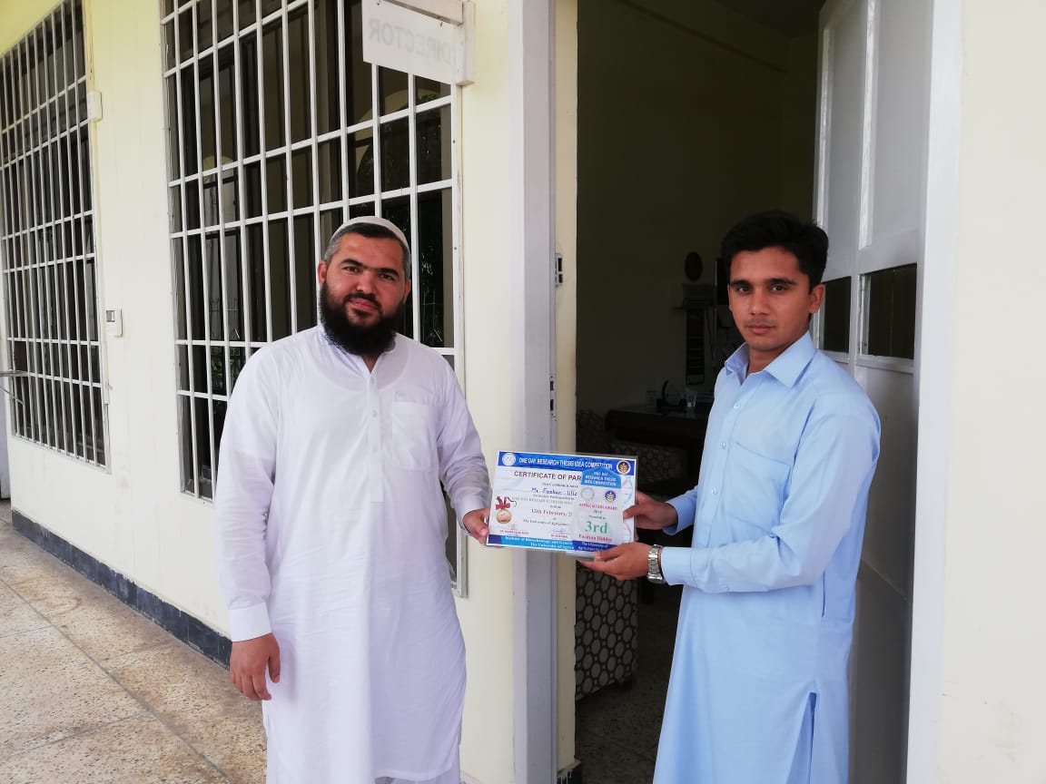 Mr Farhan Ullah (M.Phil Scholar) got 3rd position in one day Research completion at the University of Agriculture Peshawar 
with Dr. Ibrar Khan